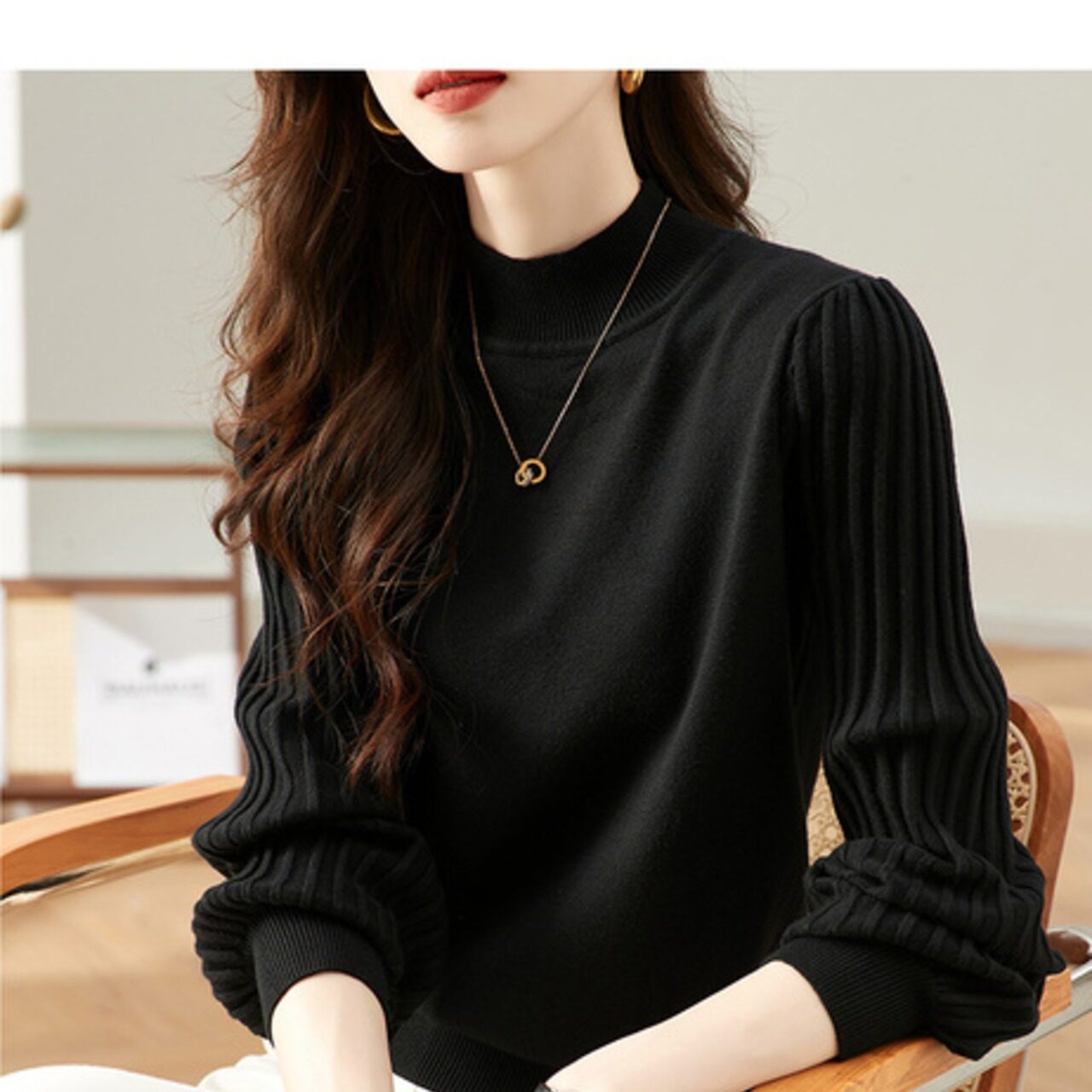 骨格ウェーブ プチハイネック プリーツパフスリーブニットトップス