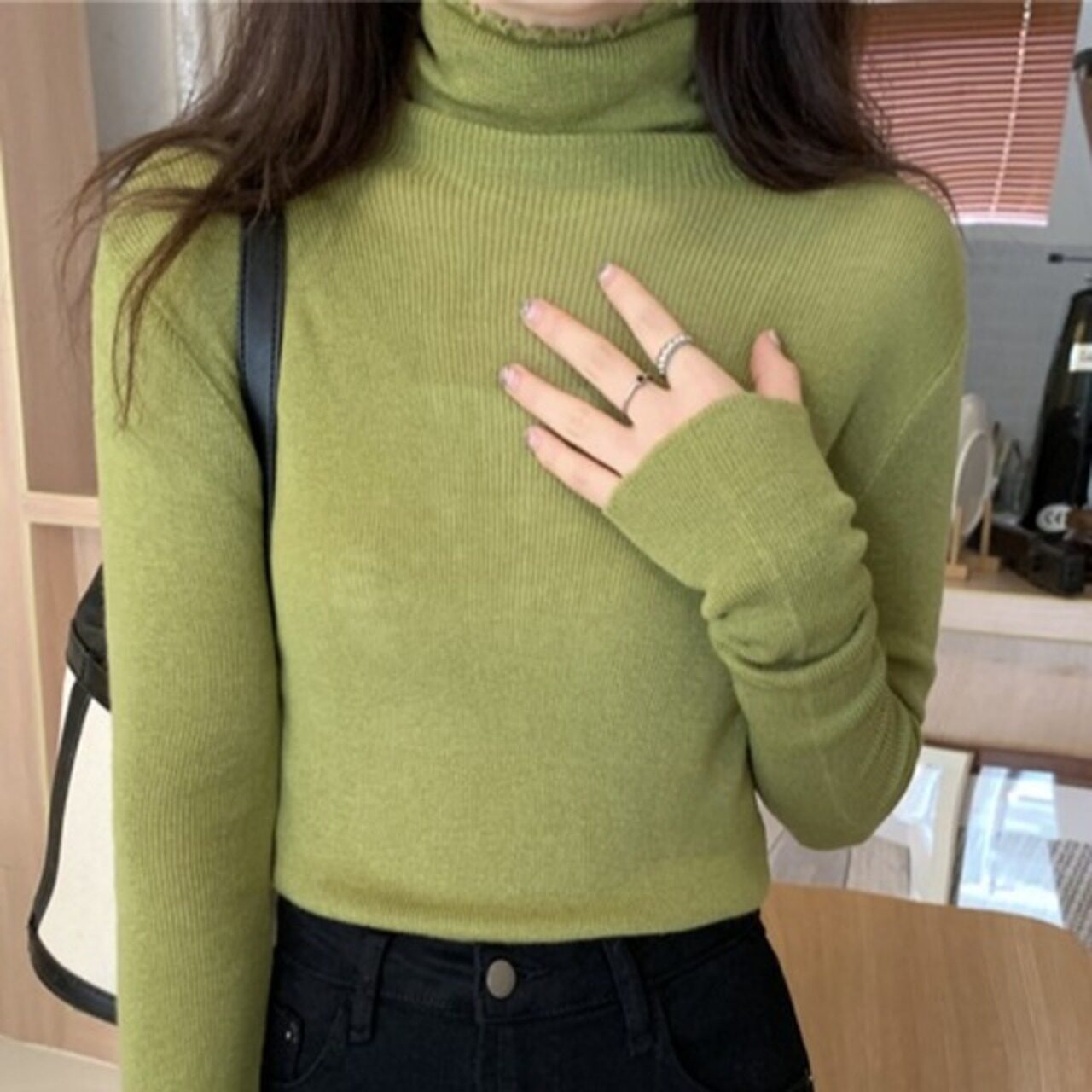 骨格ウェーブ フィットリブネックニットTシャツ