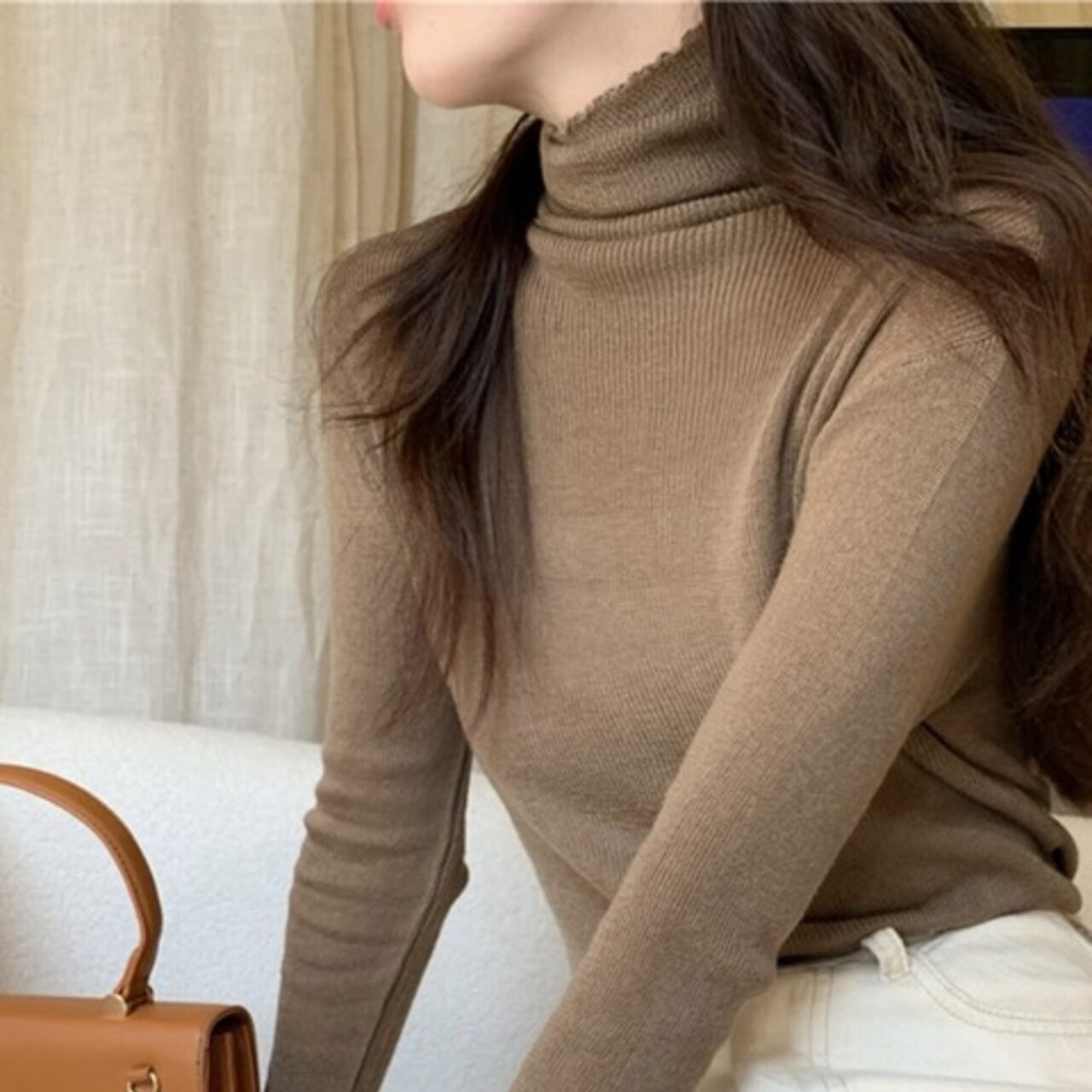 骨格ウェーブ フィットリブネックニットTシャツ