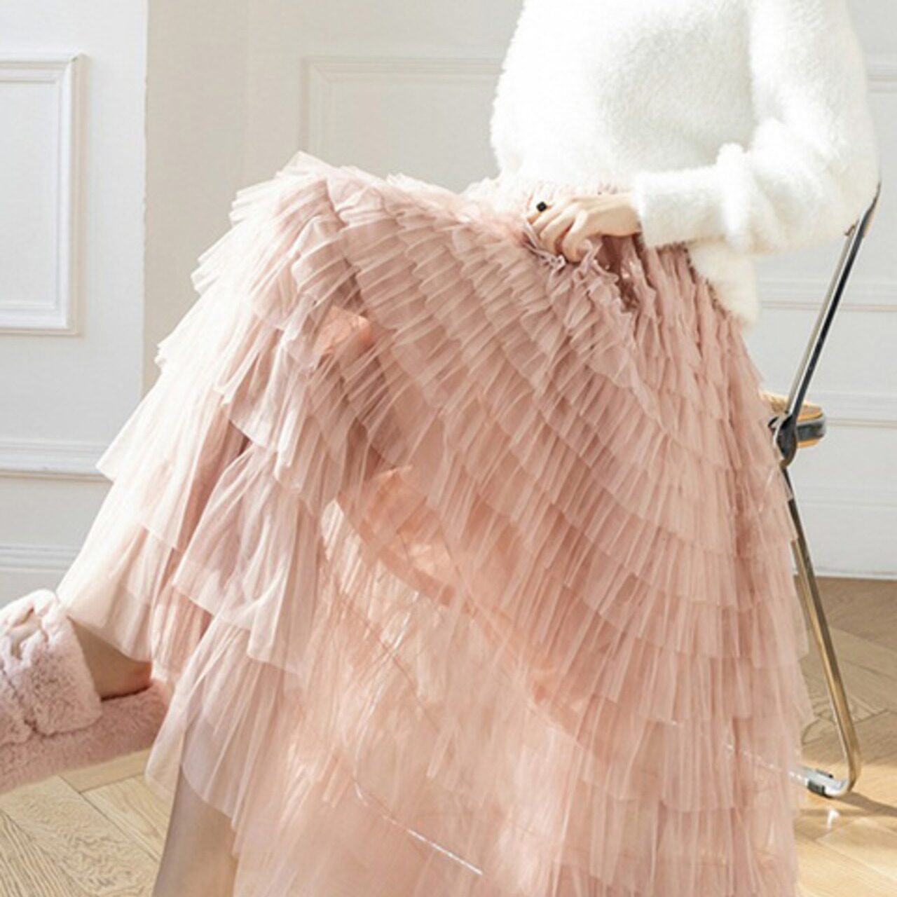 骨格ウェーブ フェアリーフリルチュールロングフレアスカート