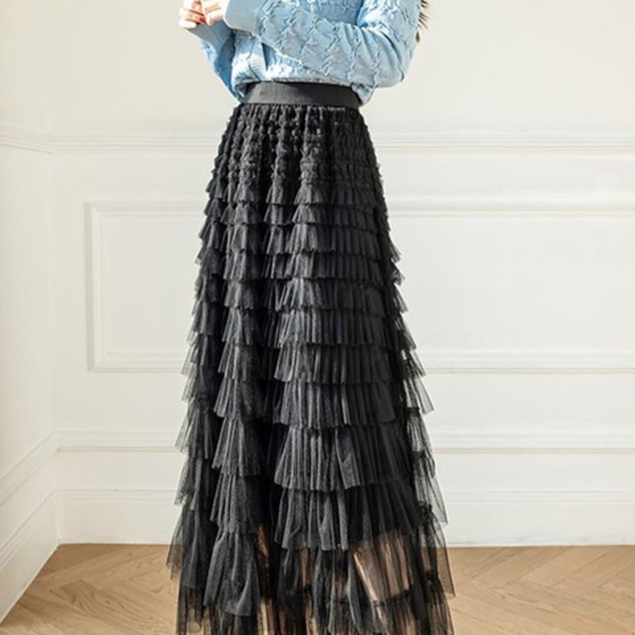 骨格ウェーブ フェアリーフリルチュールロングフレアスカート