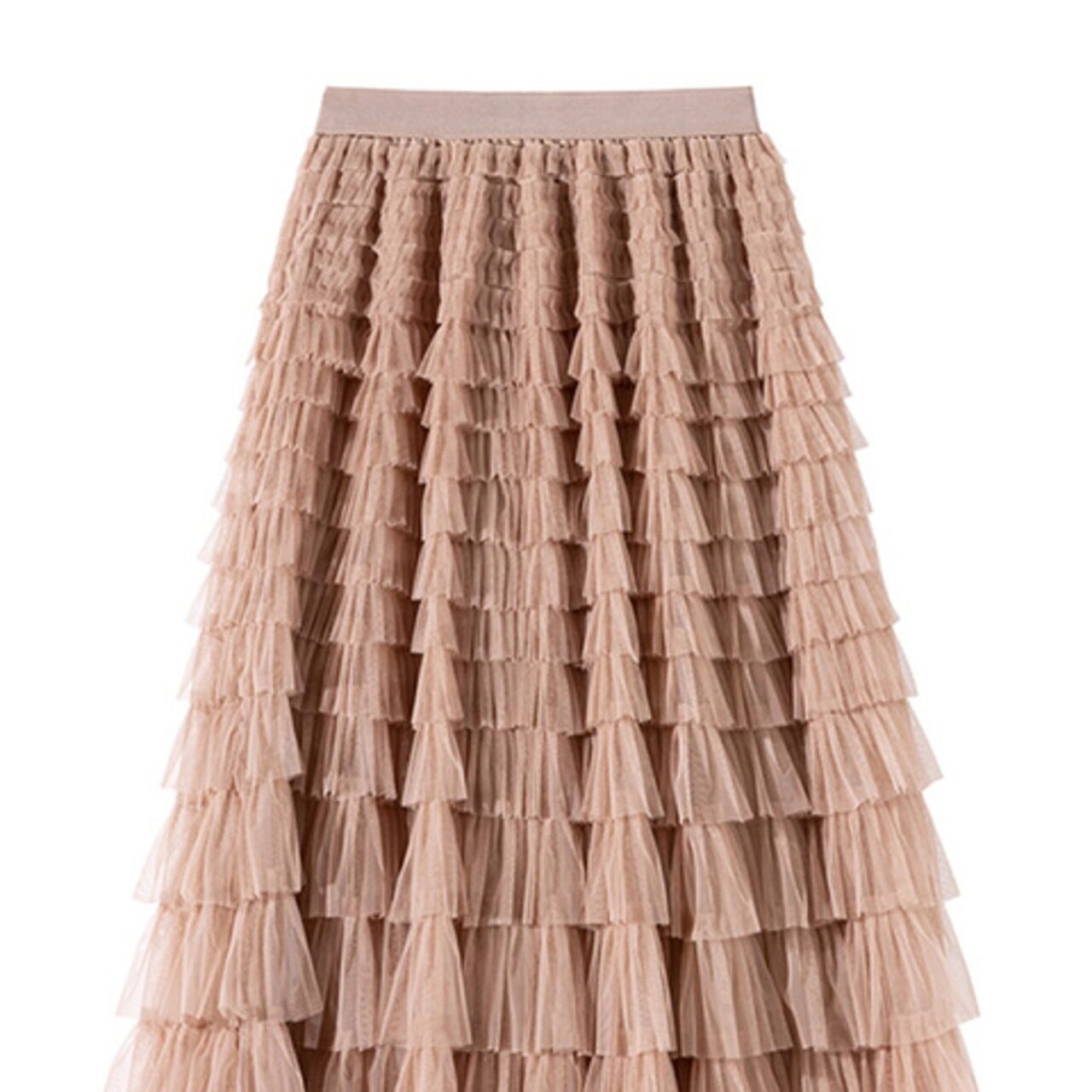 骨格ウェーブ フェアリーフリルチュールロングフレアスカート