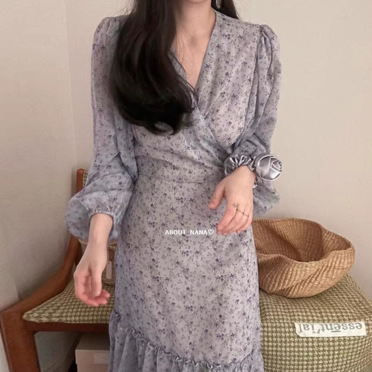 骨格ウェーブ フラワープリントティアードカシュクールロングワンピース