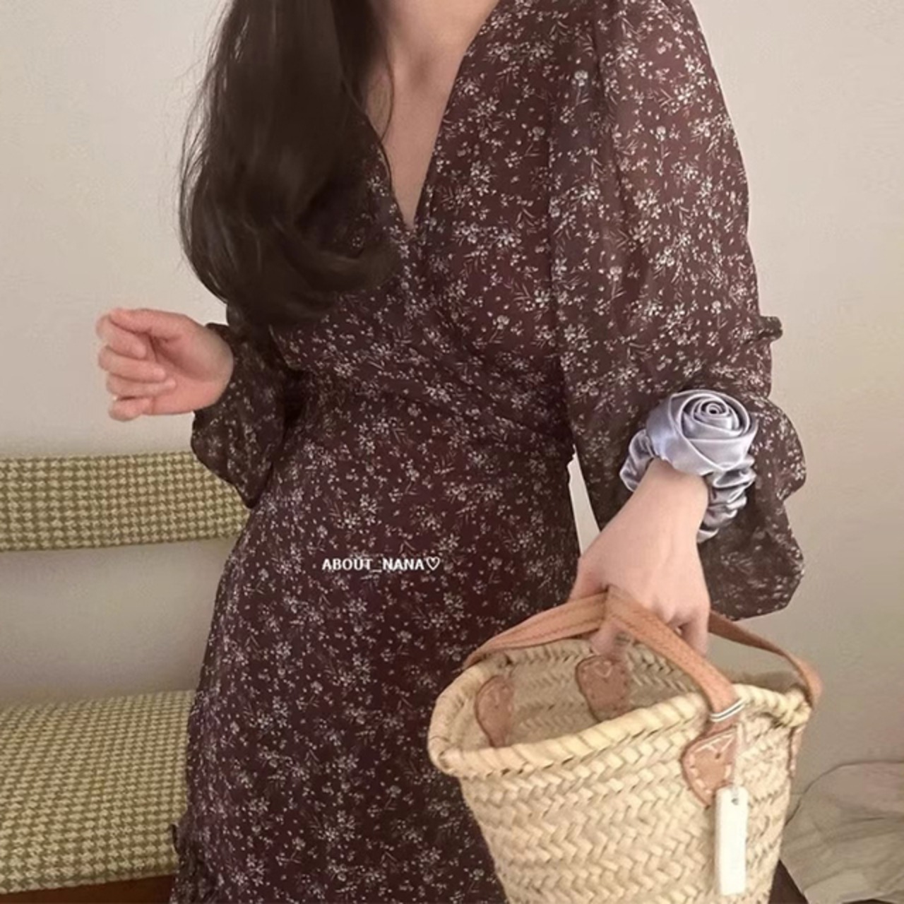 骨格ウェーブ フラワープリントティアードカシュクールロングワンピース