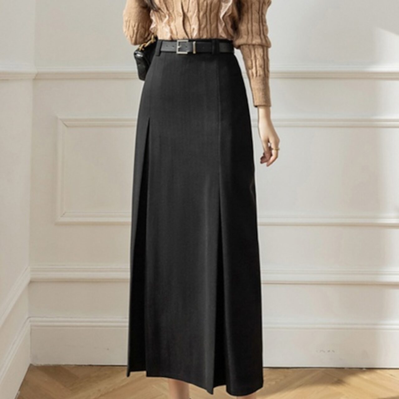 骨格ウェーブ ベルト付きハイウエストタイトスカート