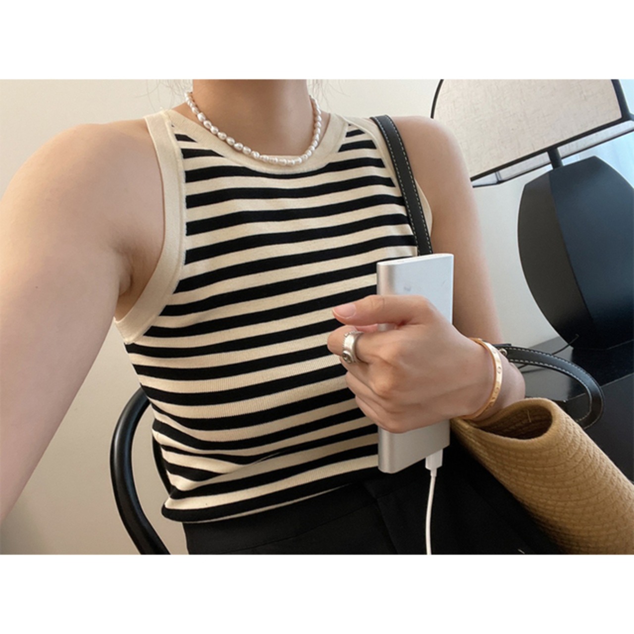 骨格ウェーブ ボーダーカジュアルタンクトップ