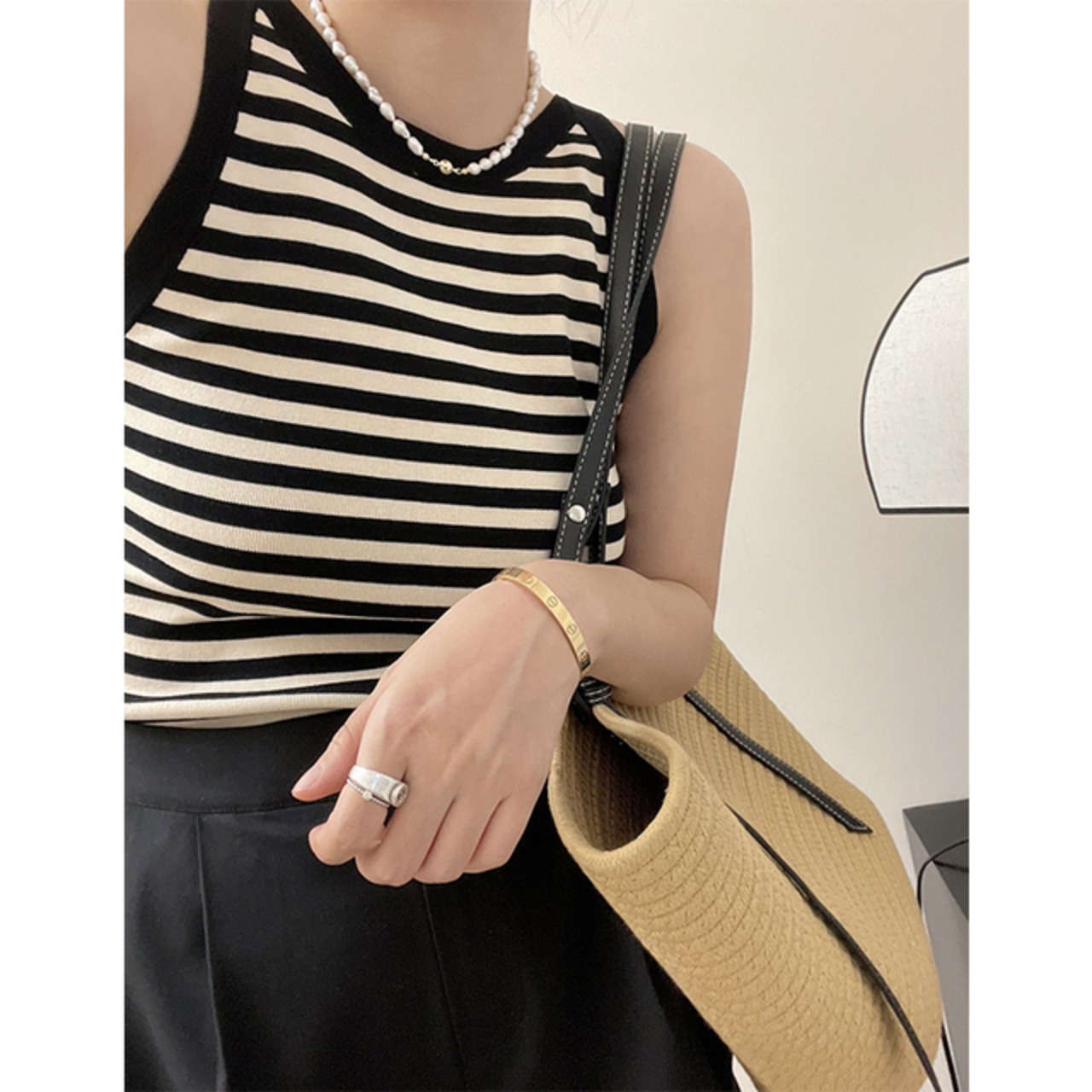 骨格ウェーブ ボーダーカジュアルタンクトップ