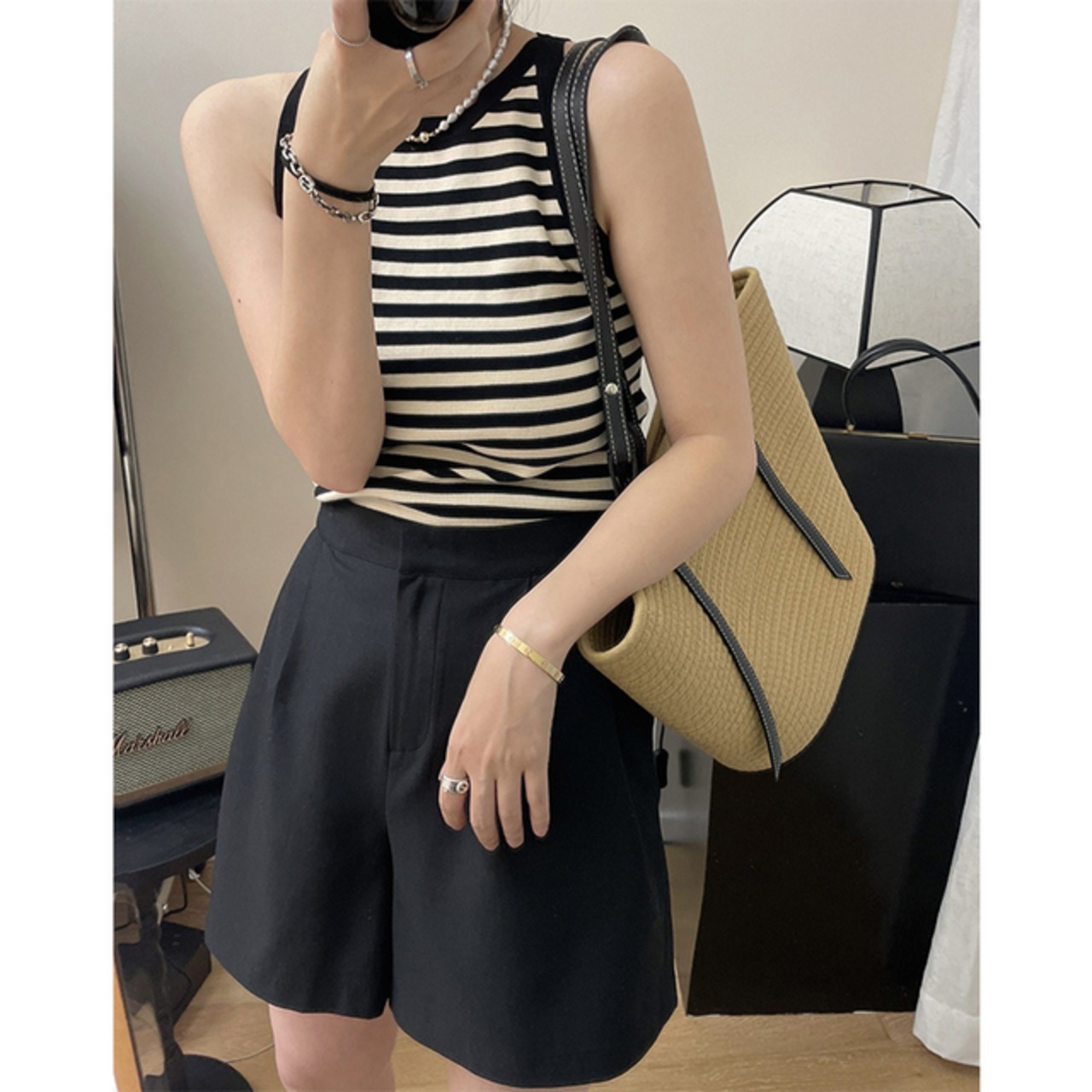 骨格ウェーブ ボーダーカジュアルタンクトップ