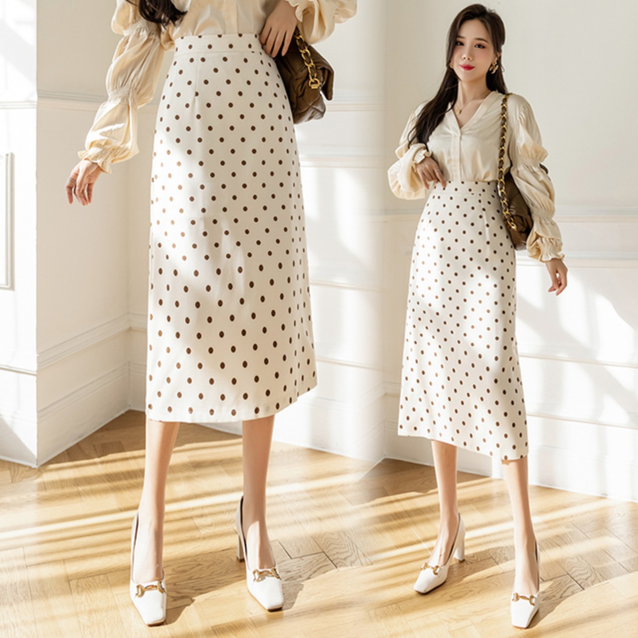 骨格ウェーブ ミモレ丈ドット柄Iラインタイトスカート