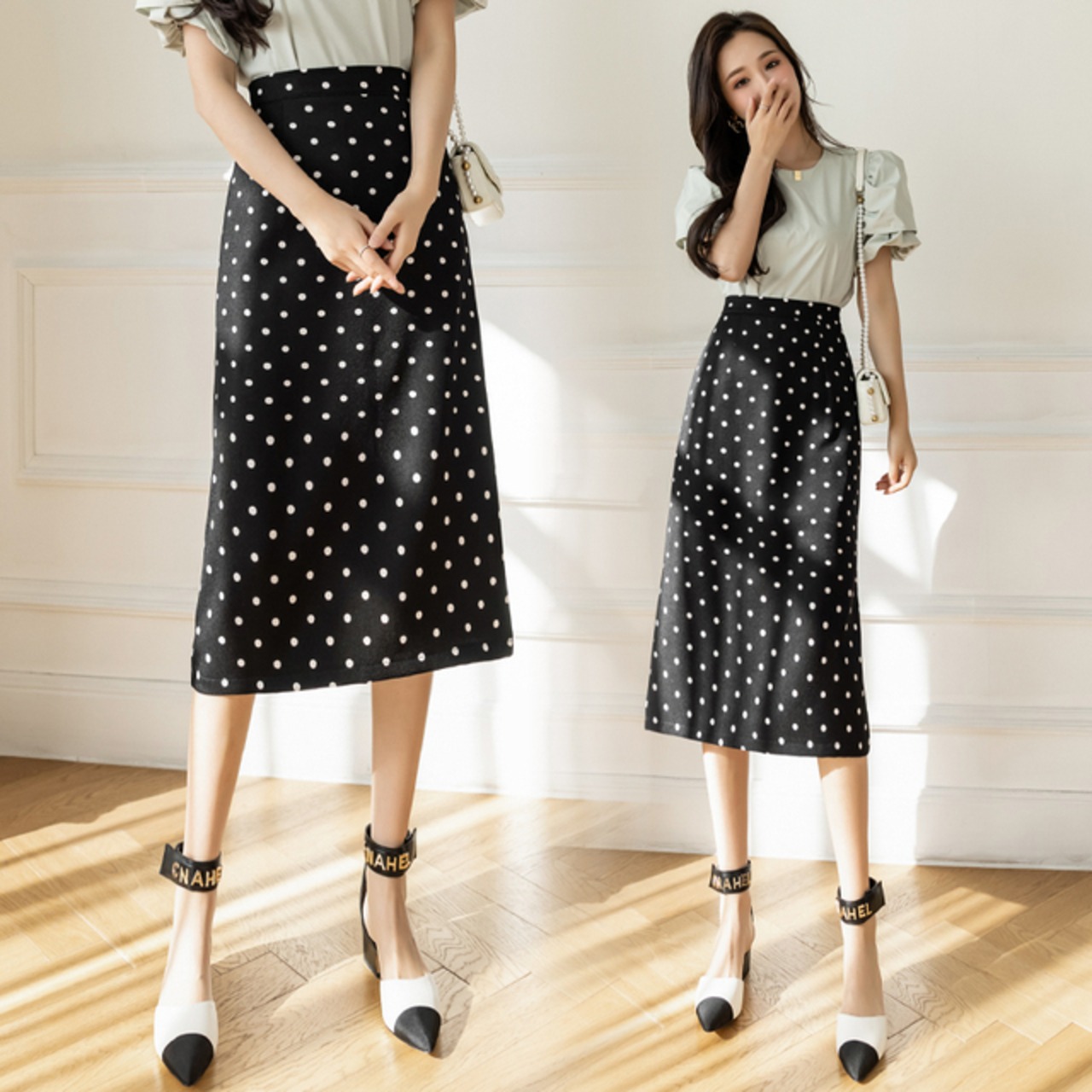 骨格ウェーブ ミモレ丈ドット柄Iラインタイトスカート
