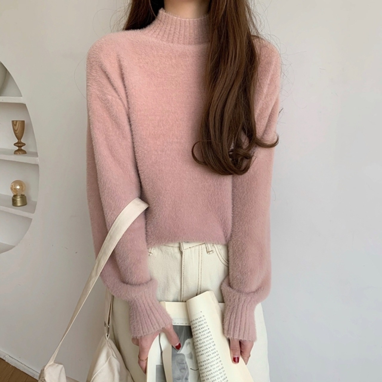 骨格ウェーブ モックネック マカロンカラー ニットトップス