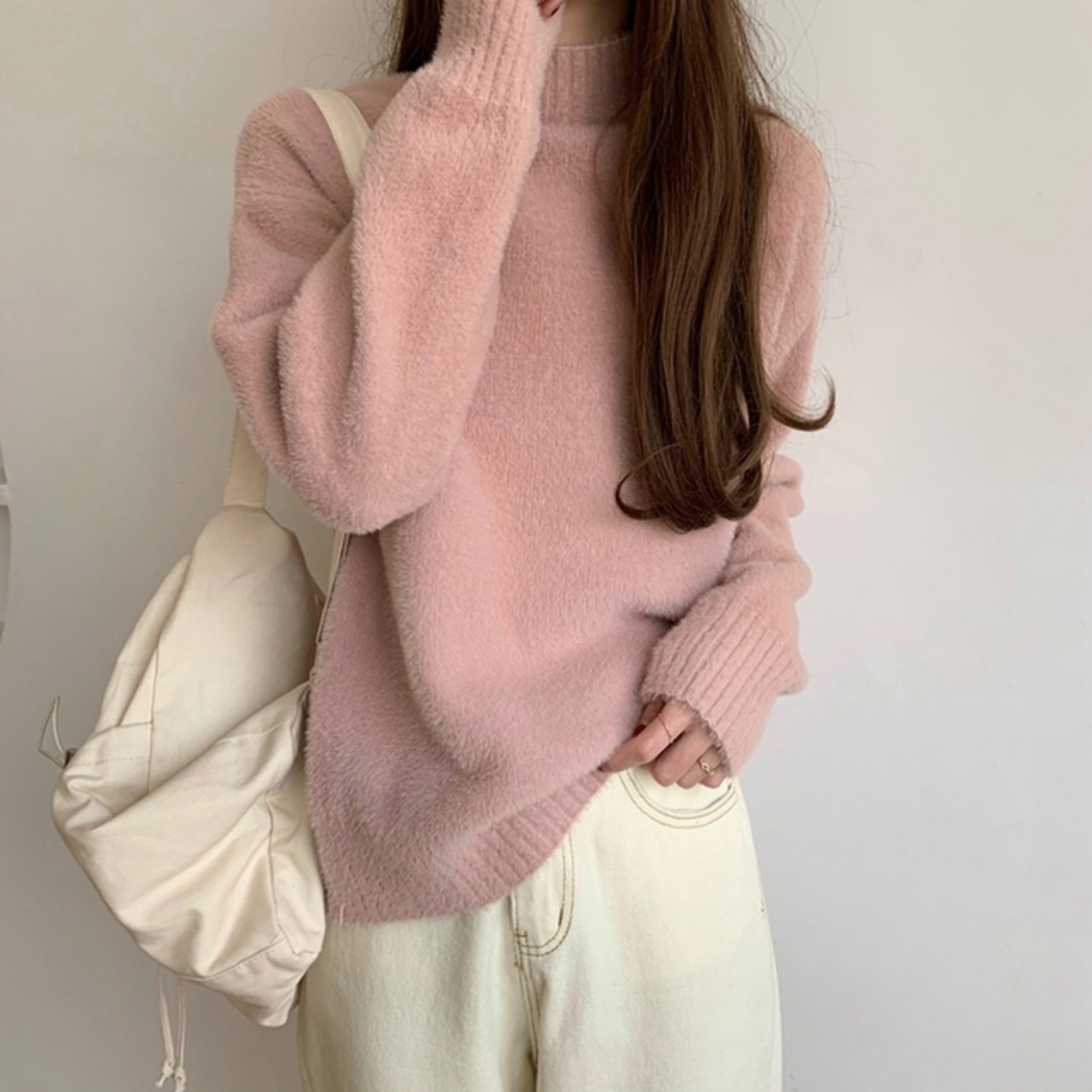 骨格ウェーブ モックネック マカロンカラー ニットトップス