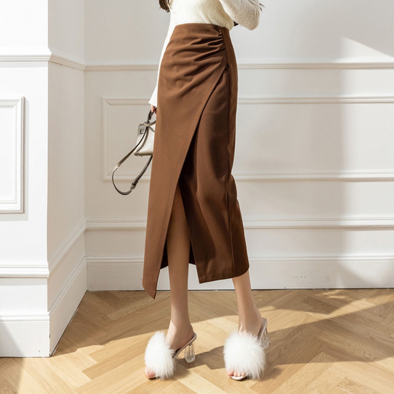 骨格ウェーブ ラップスタイルアシンメトリーロングスカート