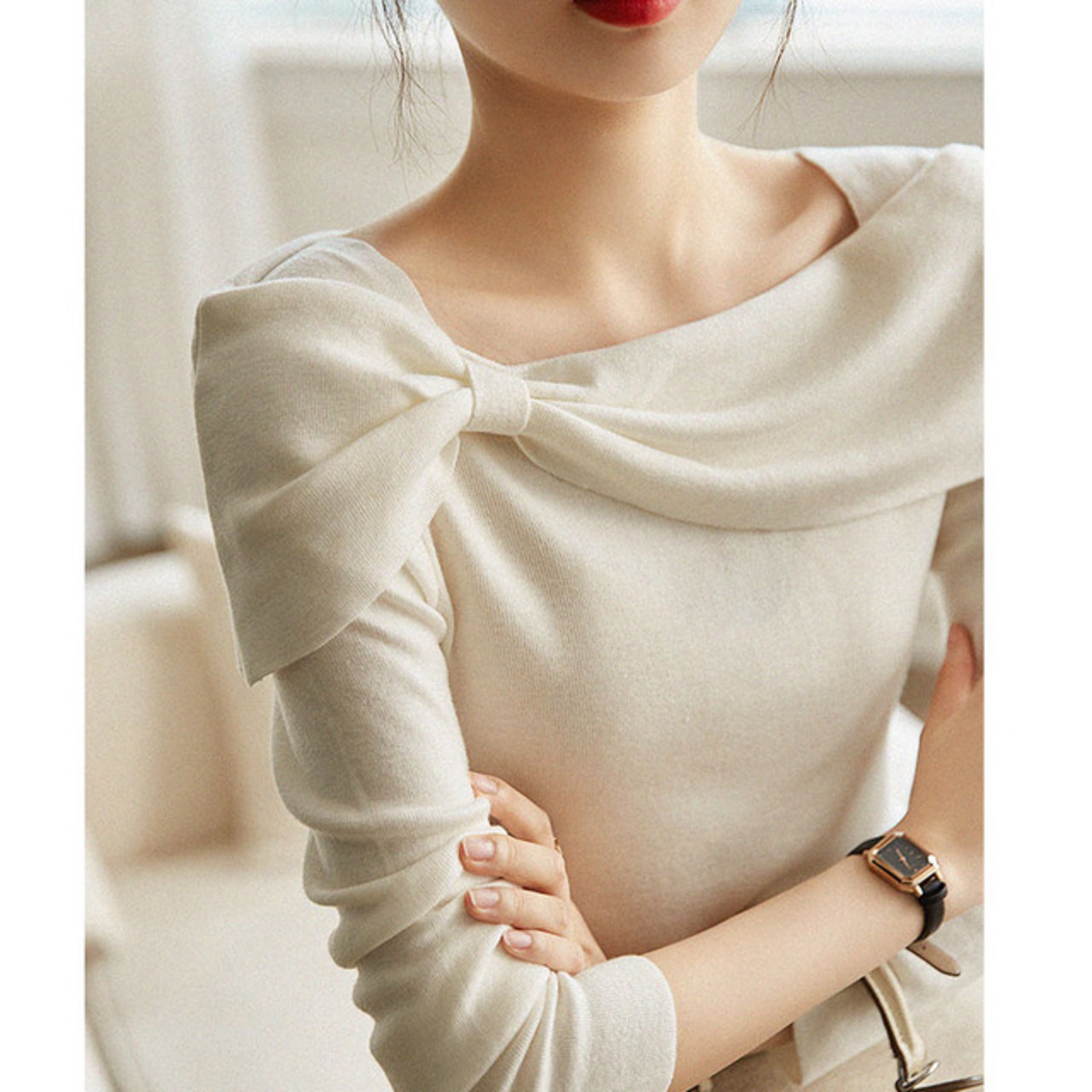 骨格ウェーブ リボンデザインニットトップス