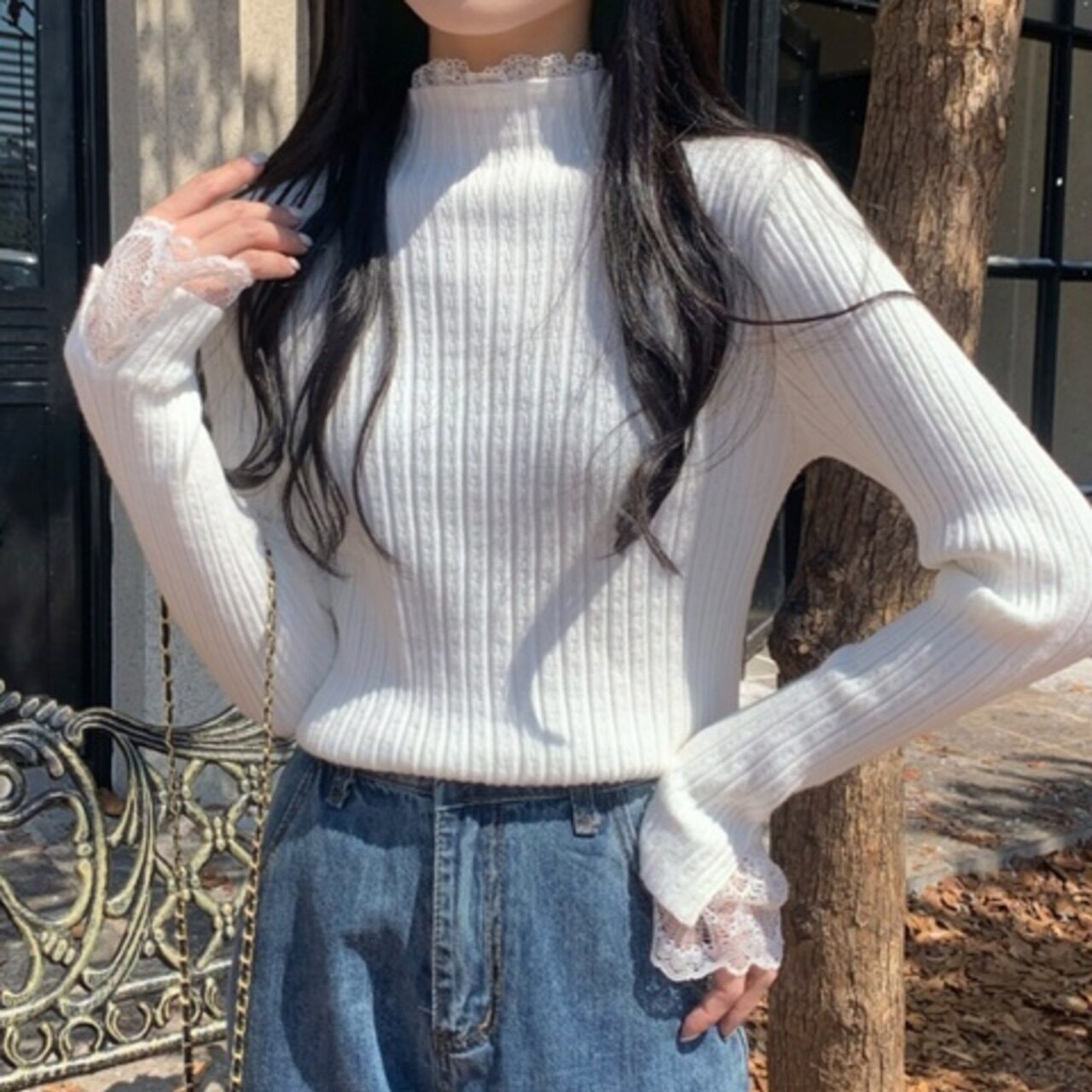 骨格ウェーブ レイヤードレース ニットトップス