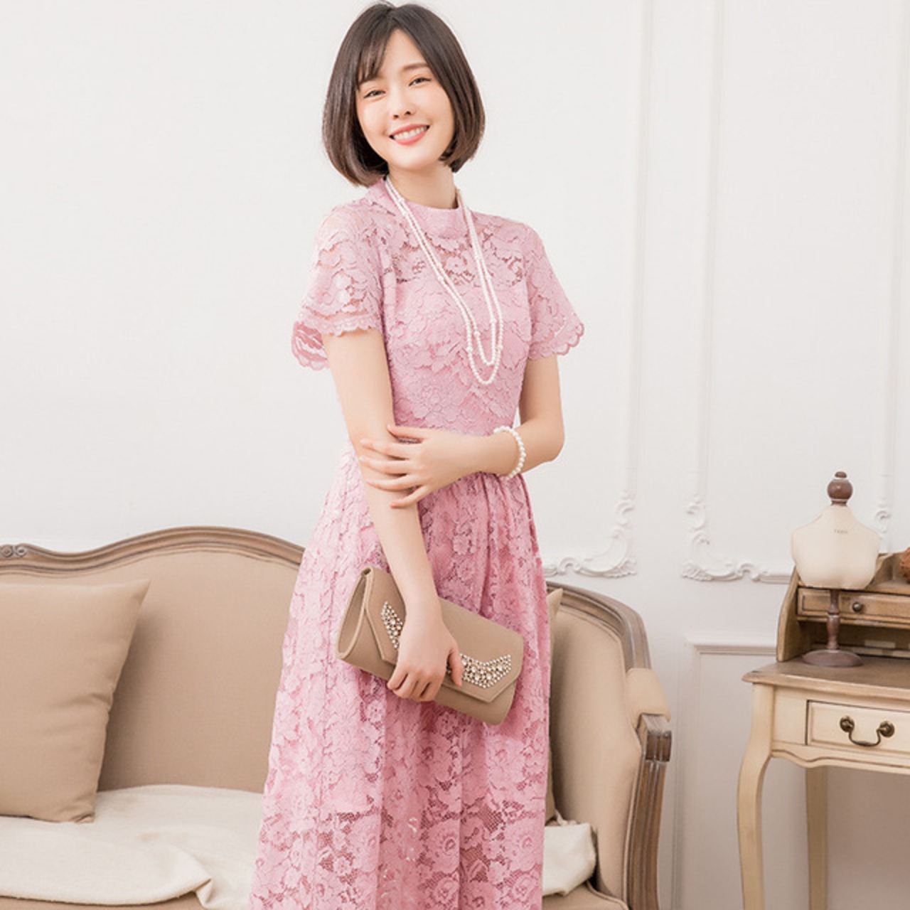 骨格ウェーブ レースパーティードレス