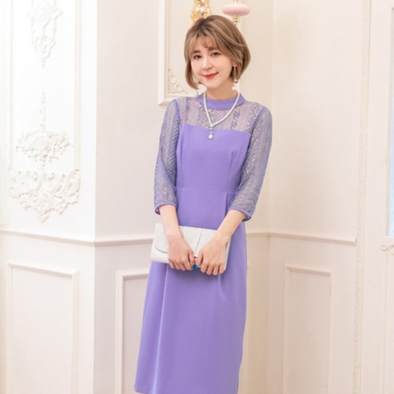 骨格ウェーブ 切り替えレースパーティードレス