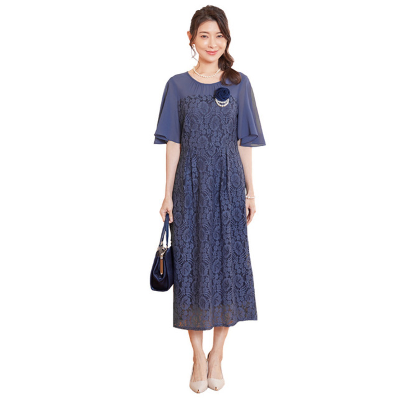 骨格ウェーブ 切り替え袖パーティードレス