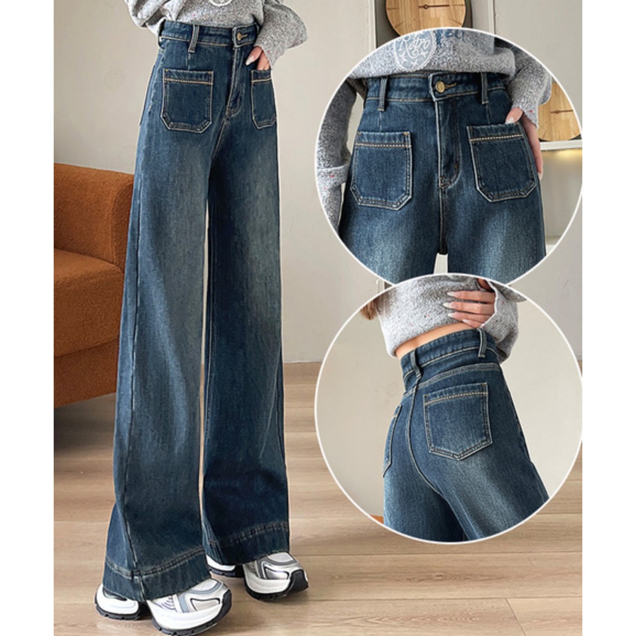 骨格ウェーブ ハイウエスト ルーズワイドストレートデニムパンツ 