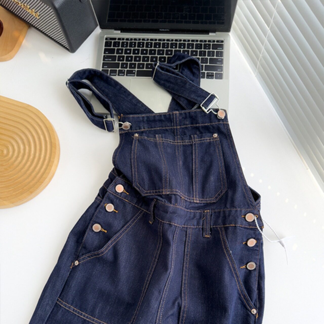 骨格ウェーブ デニムオーバーオール ゆったりレトロストレート フロアレングス