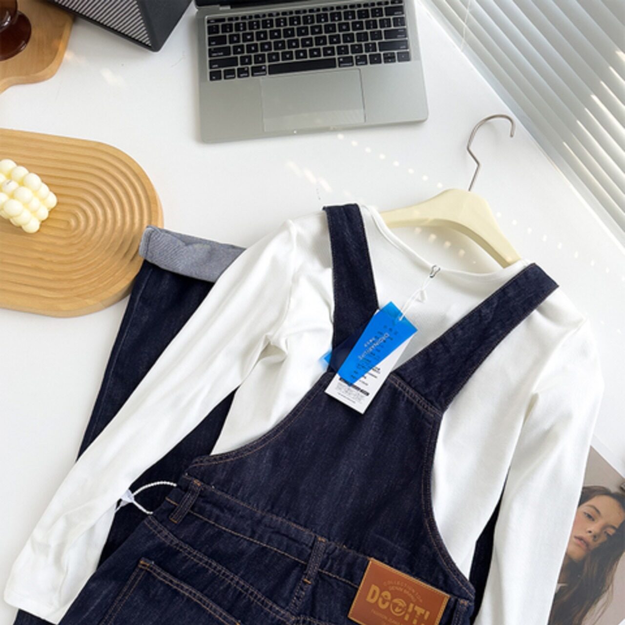 骨格ウェーブ デニムオーバーオール ゆったりレトロストレート フロアレングス