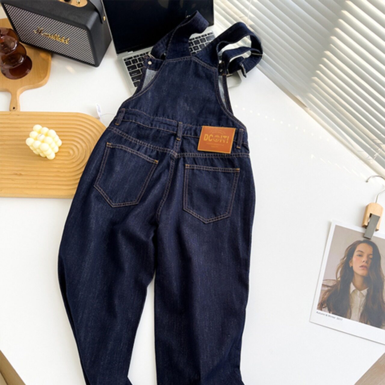 骨格ウェーブ デニムオーバーオール ゆったりレトロストレート フロアレングス