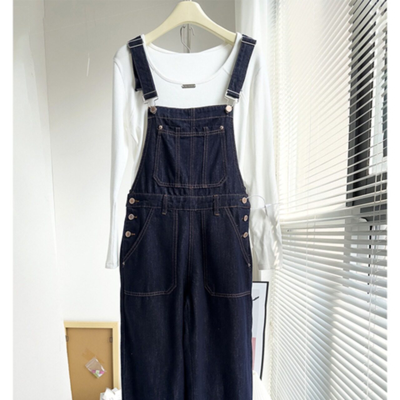 骨格ウェーブ デニムオーバーオール ゆったりレトロストレート フロアレングス