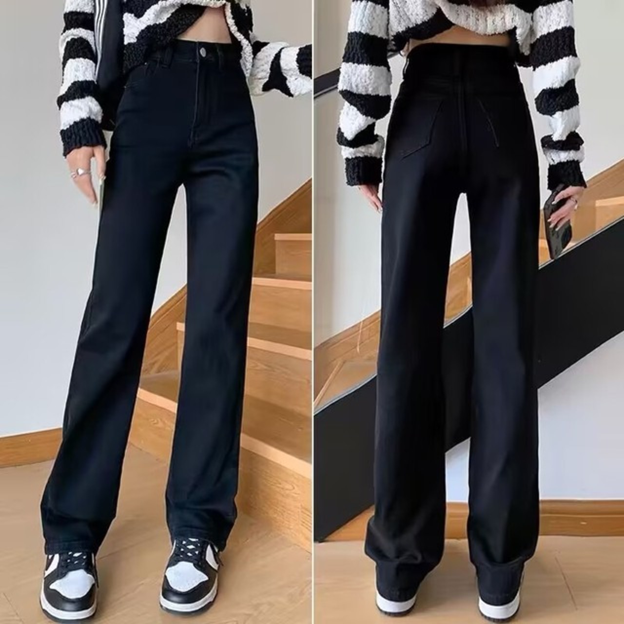 骨格ウェーブ ハイウエスト ストレッチルーズデニム