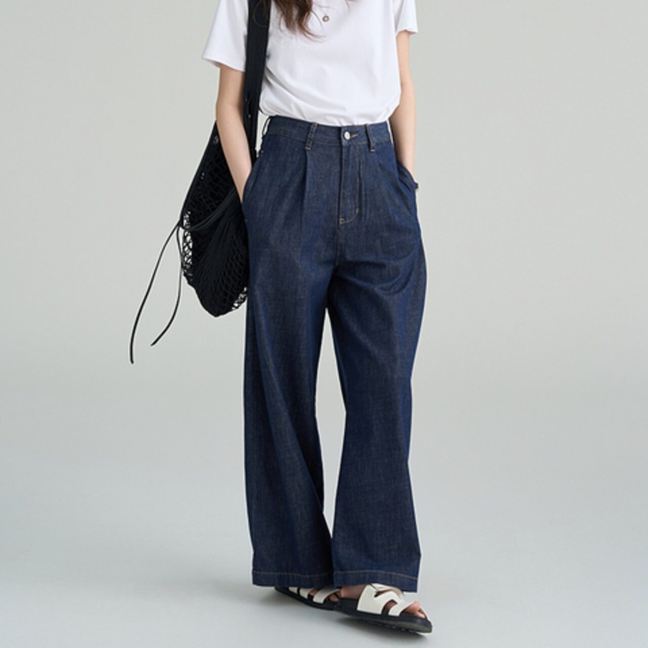 骨格ウェーブ ハイウエスト レトロダークブルーワイドデニム