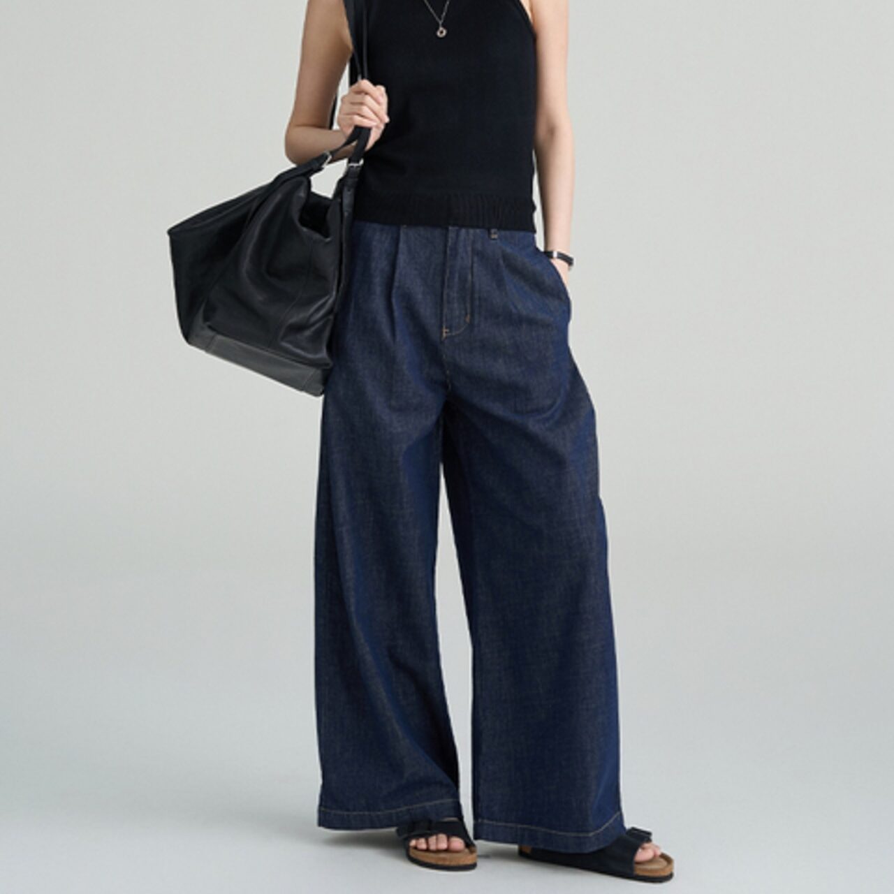 骨格ウェーブ ハイウエスト レトロダークブルーワイドデニム