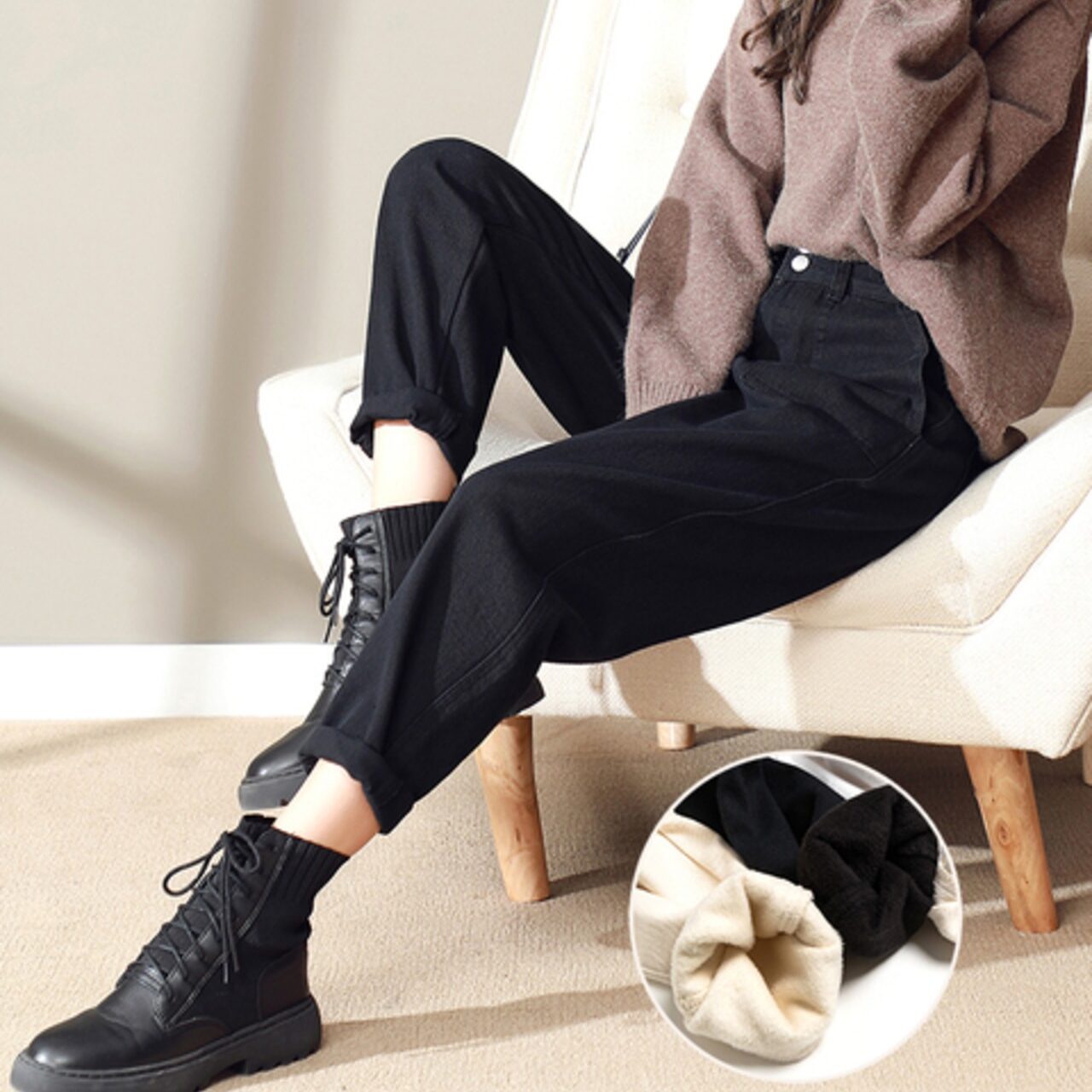 骨格ウェーブ ハイウエストブラックジーンズ ルーズストレート