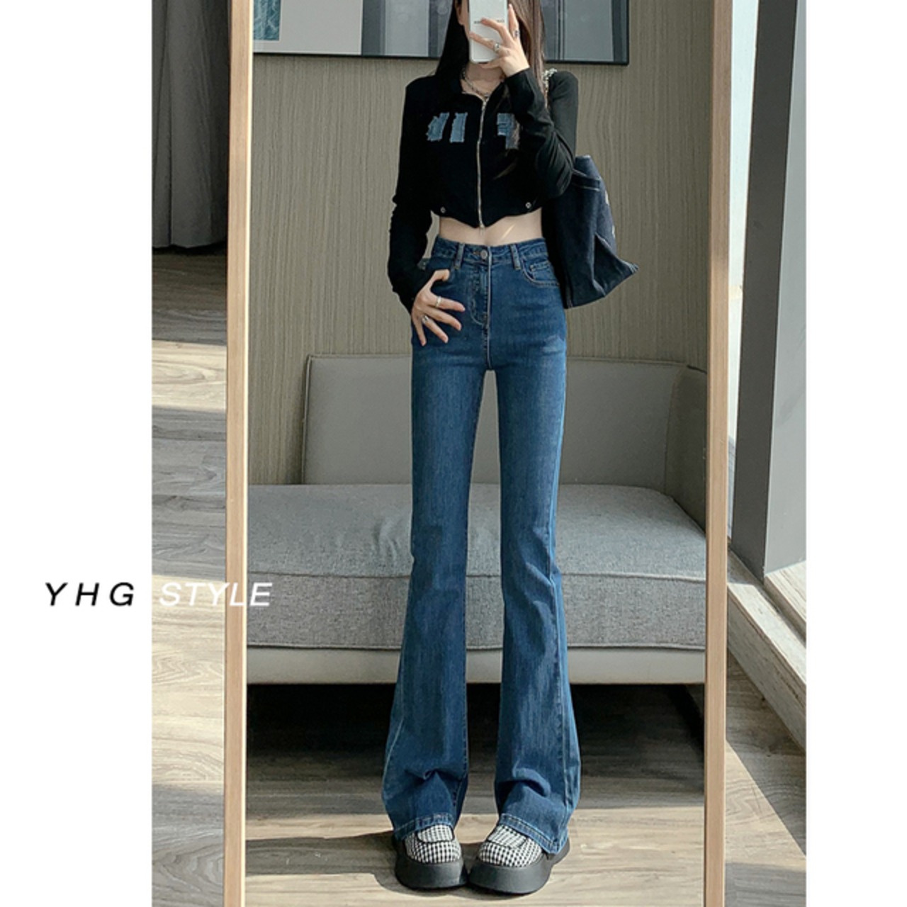 骨格ウェーブ ハイウエストライトカラーフレアジーンズ