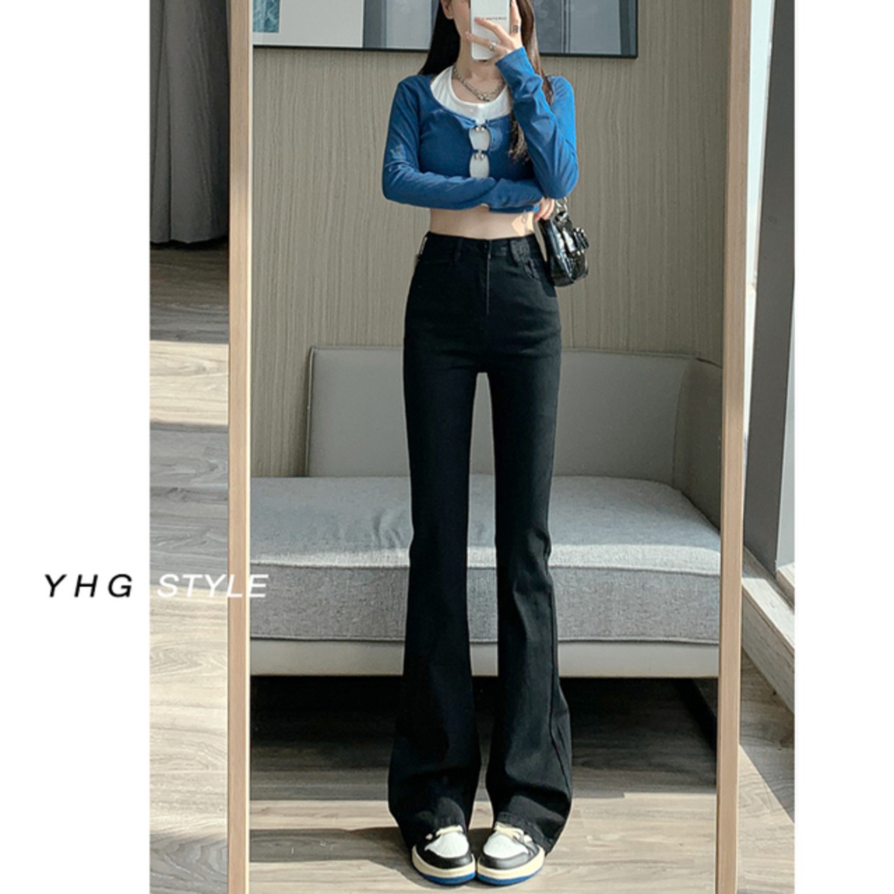 骨格ウェーブ ハイウエストライトカラーフレアジーンズ