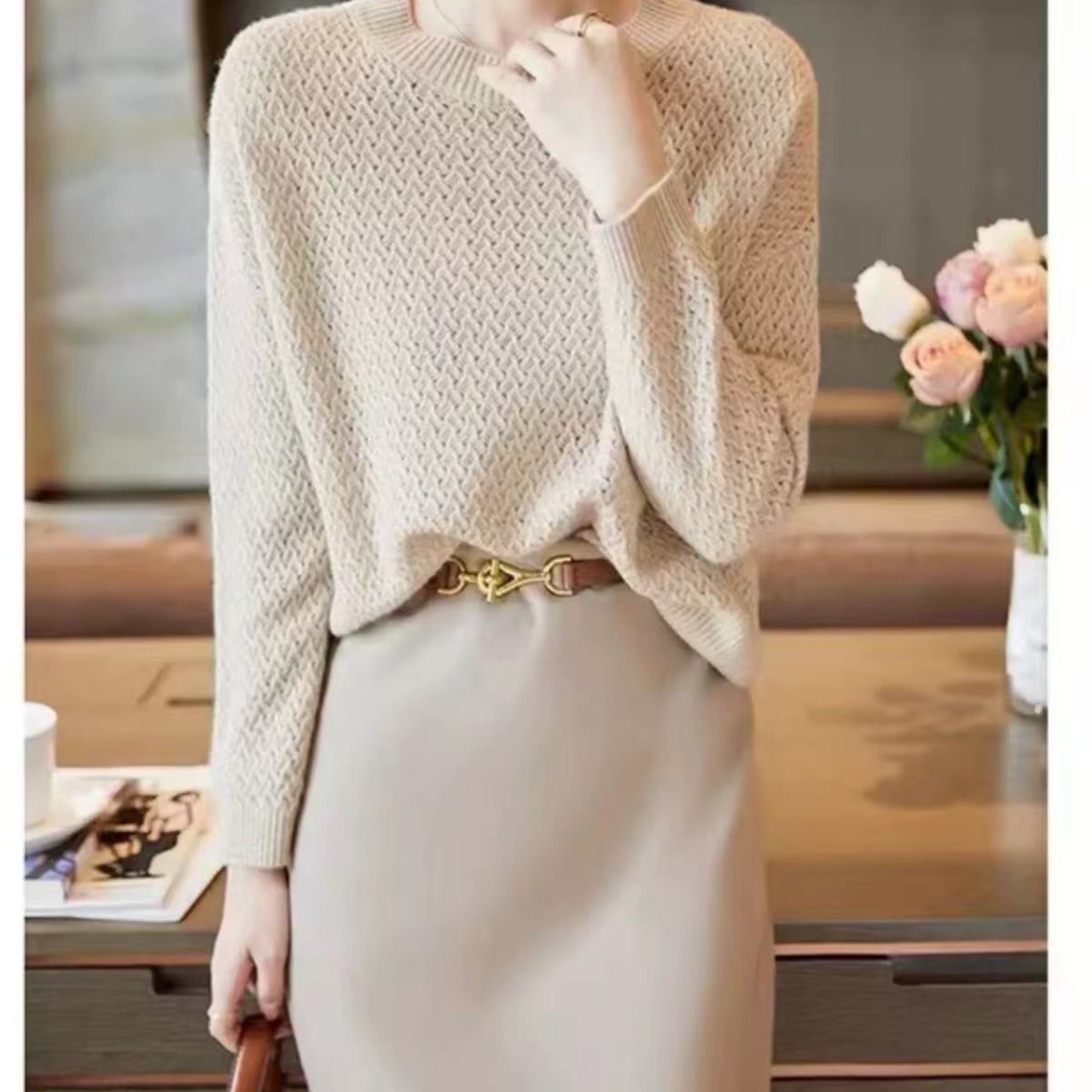 骨格ウェーブ クロッシュ編み ショート丈セーター