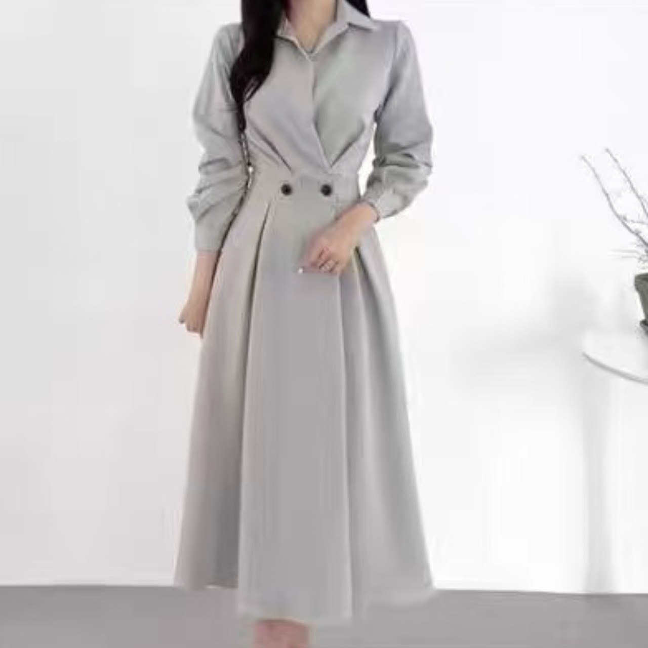 骨格ウェーブ ウエストボタンシャツワンピース