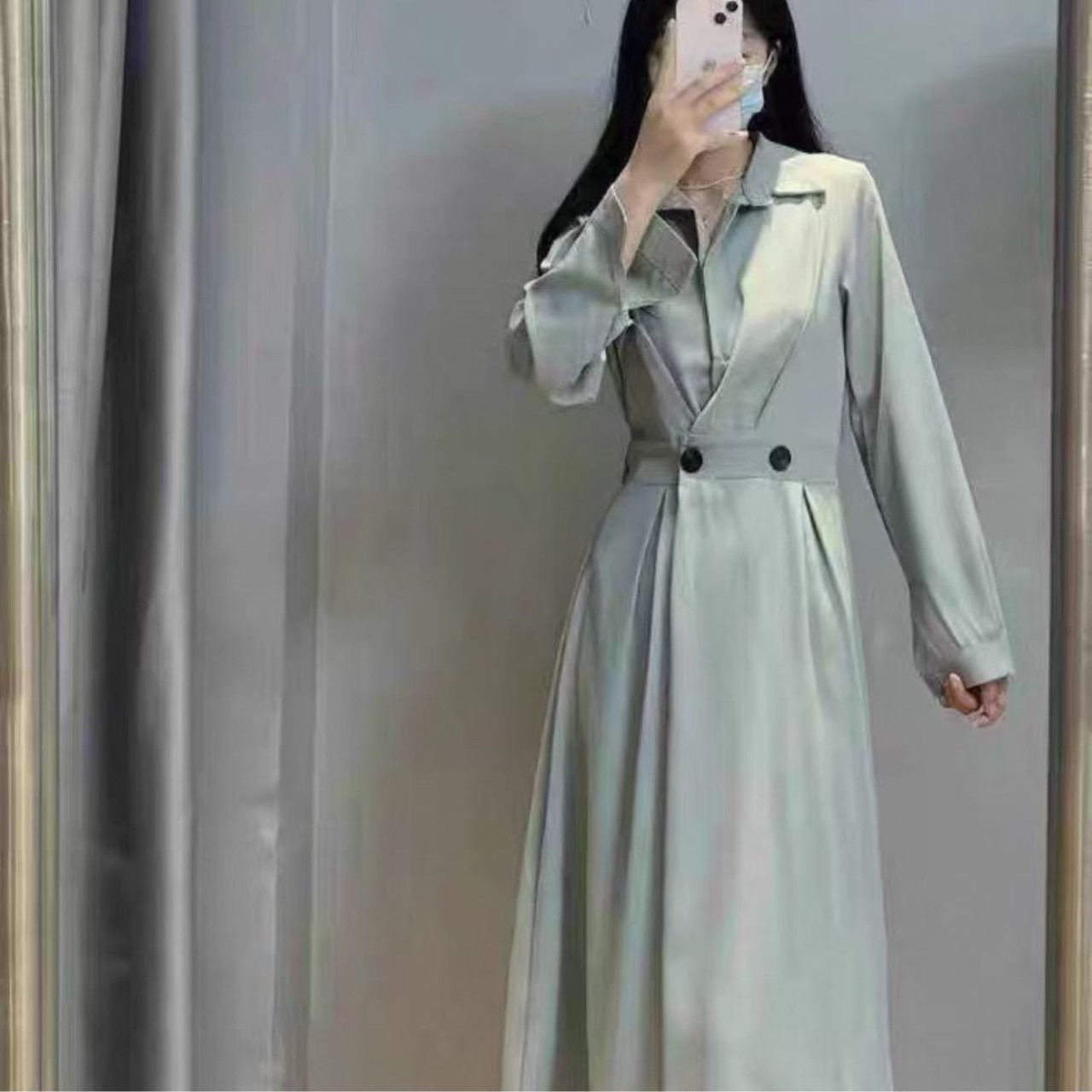 骨格ウェーブ ウエストボタンシャツワンピース