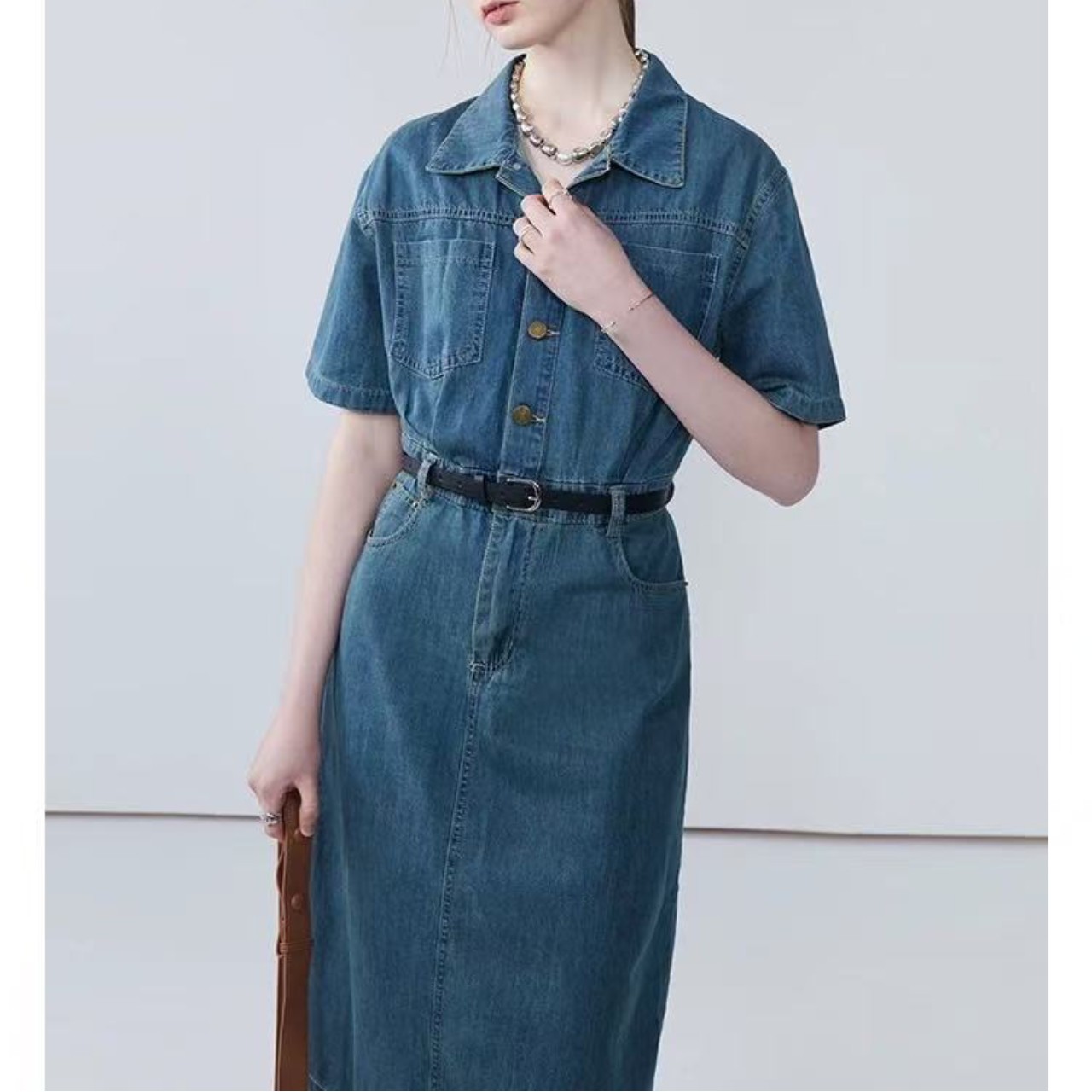 骨格ウェーブ デニムタイトワンピース