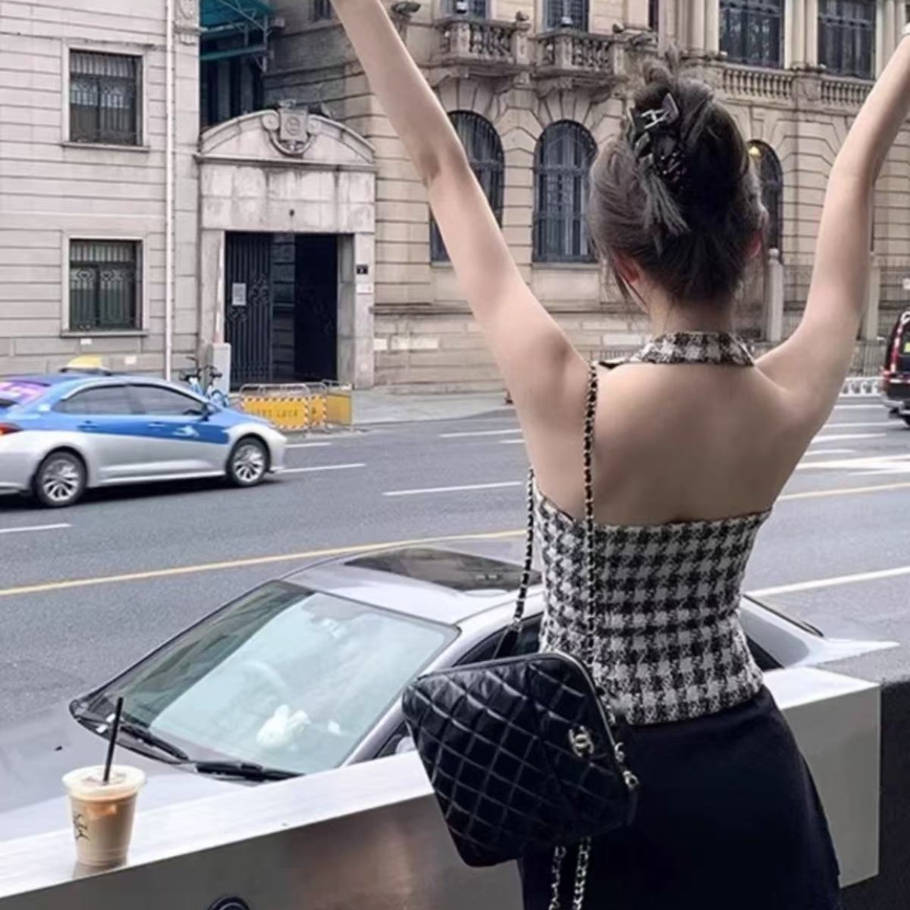 骨格ウェーブ千鳥格子柄スーツベスト