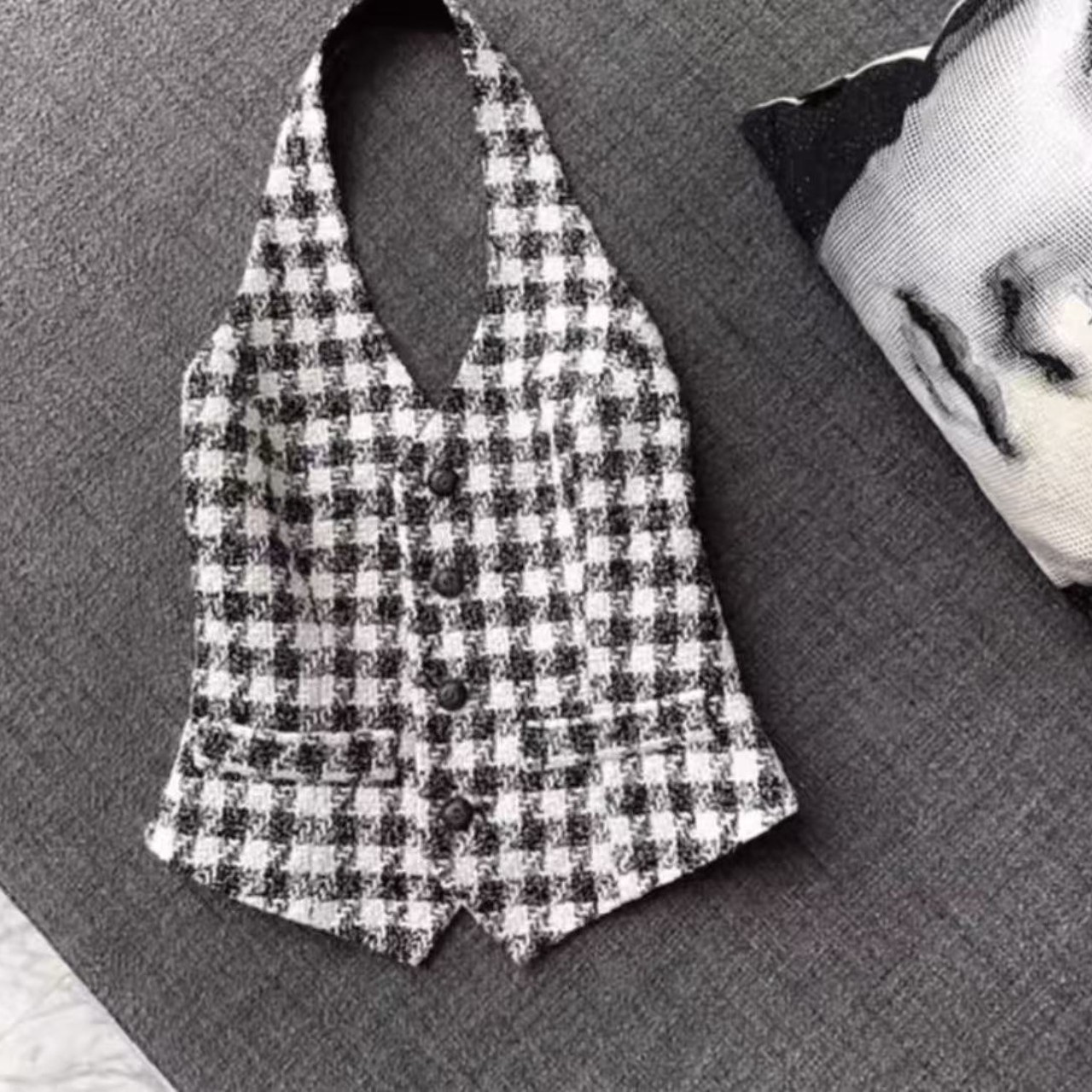 骨格ウェーブ千鳥格子柄スーツベスト