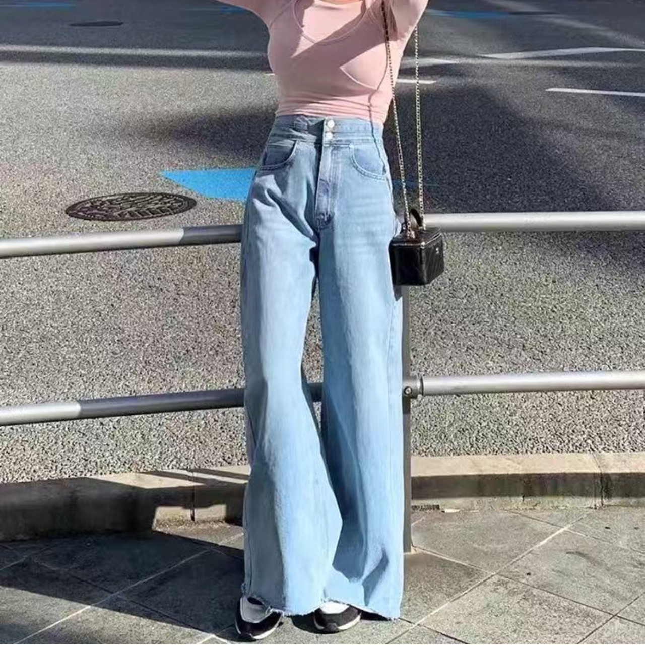 骨格ウェーブハイウエストワイドベルトワイドレッグデニムパンツ
