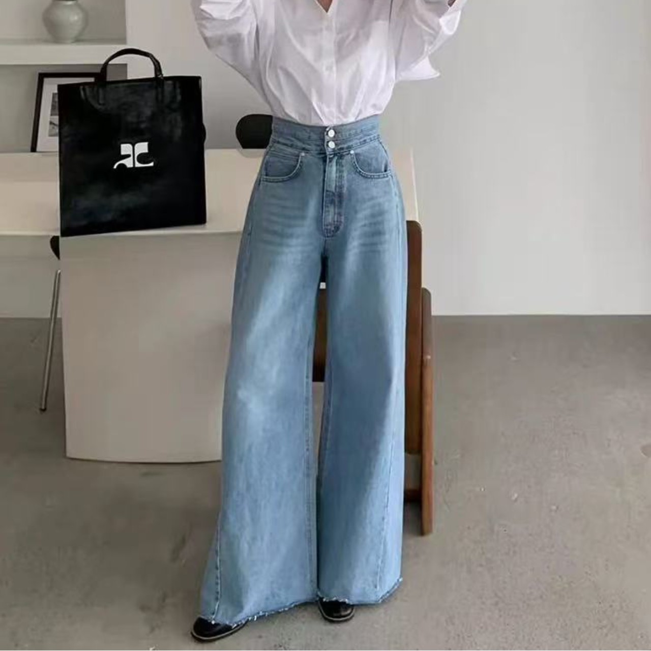 骨格ウェーブハイウエストワイドベルトワイドレッグデニムパンツ