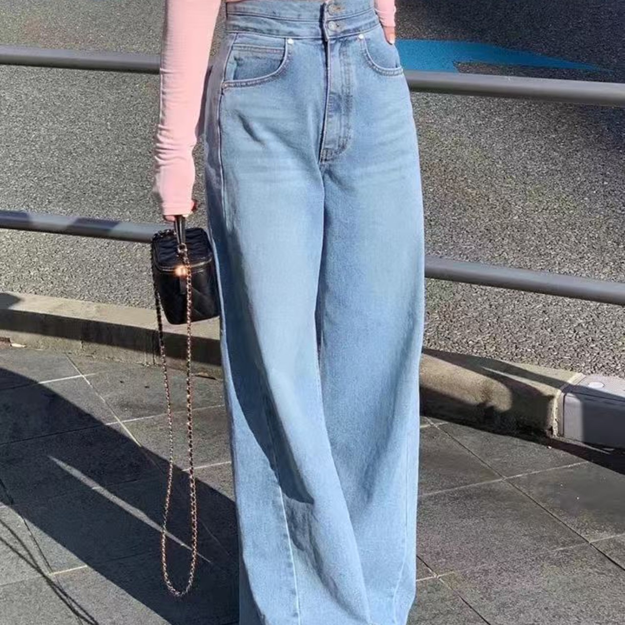 骨格ウェーブハイウエストワイドベルトワイドレッグデニムパンツ