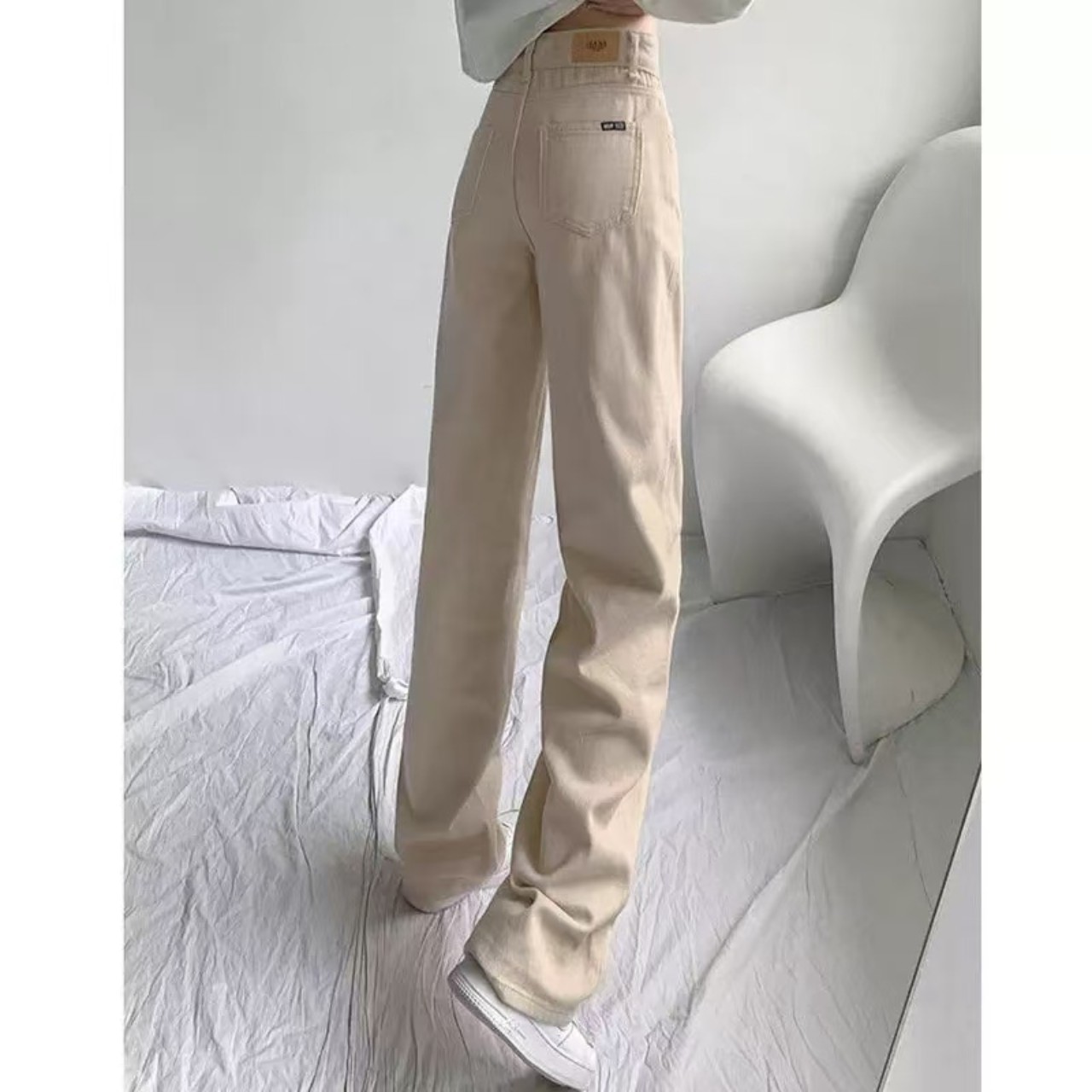 骨格ウェーブ服ハイウエストストレートデニムパンツ