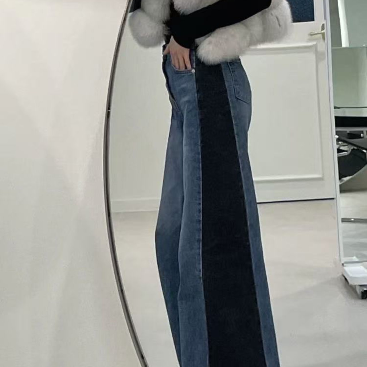 骨格ウェーブサイドコントラストカラーワイドレッグデニムパンツ