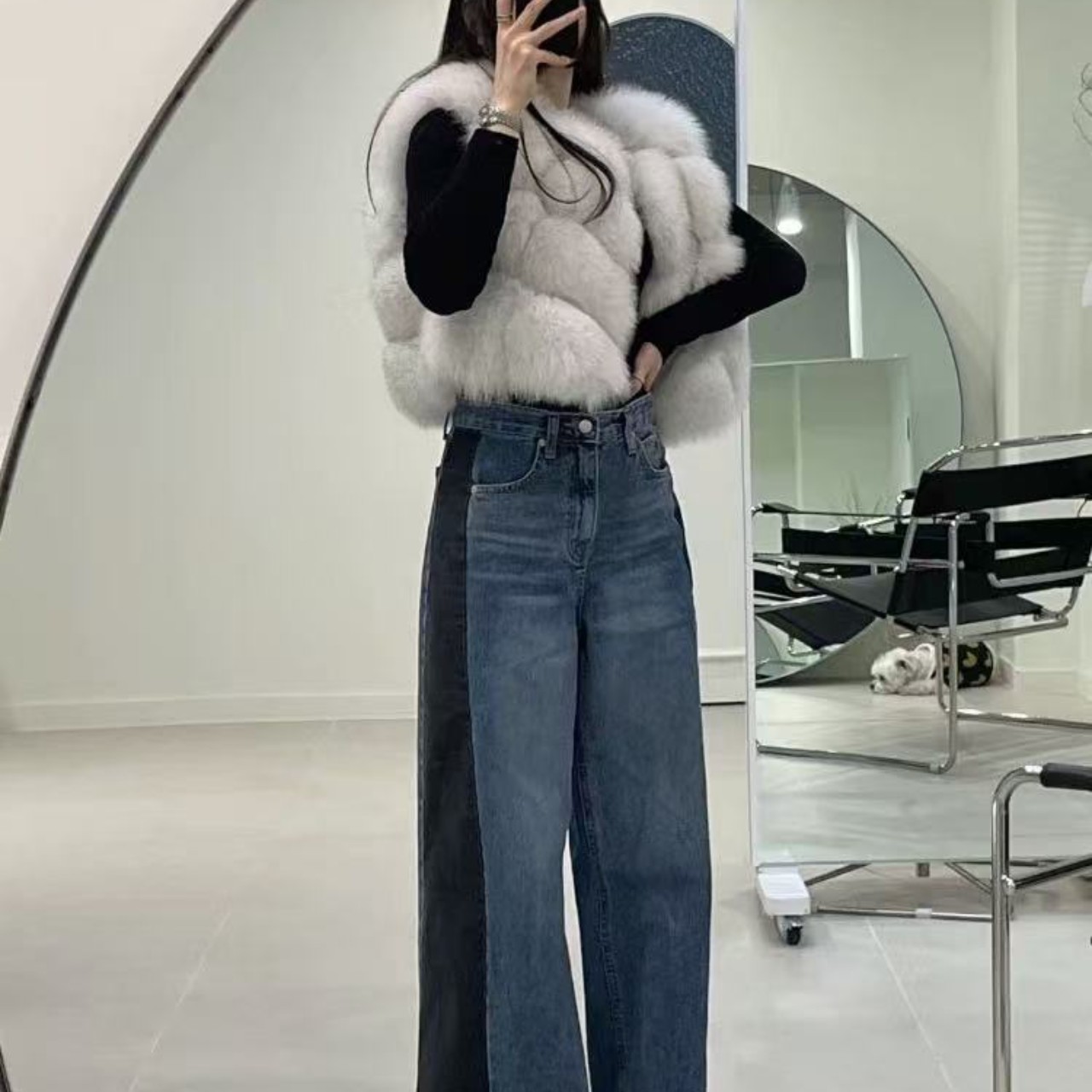 骨格ウェーブサイドコントラストカラーワイドレッグデニムパンツ