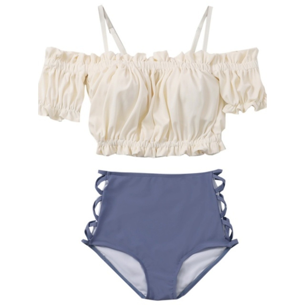 骨格ウェーブ ワンショルダー ハイウエスト スリット入り 水着