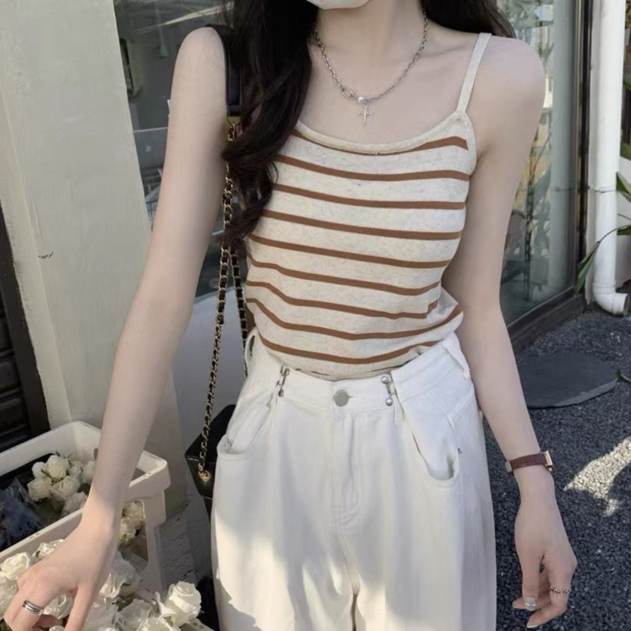 骨格ウェーブニットボーダーキャミソール