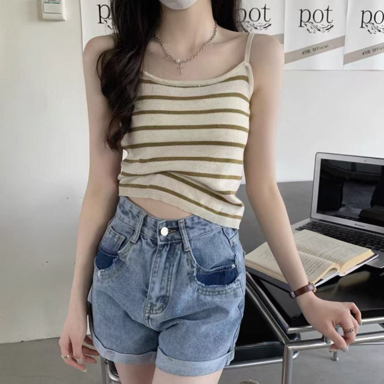 骨格ウェーブニットボーダーキャミソール