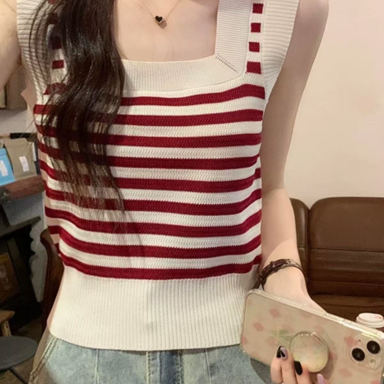 骨格ウェーブニットボーダーショート丈キャミソール