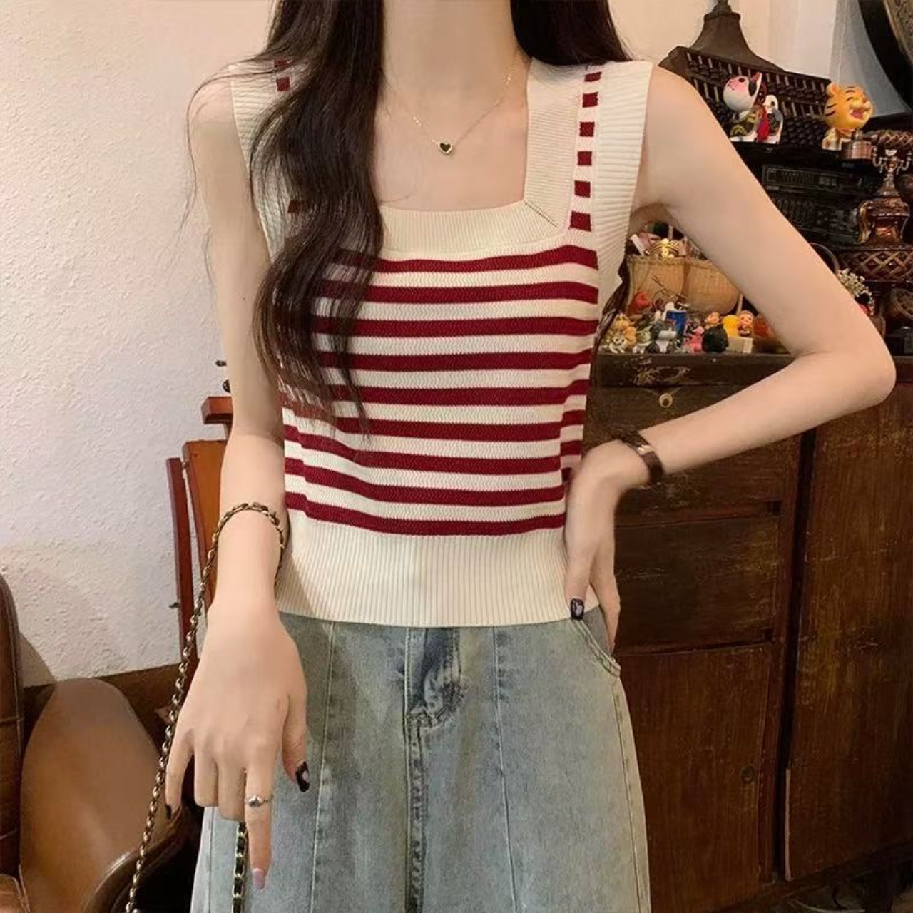 骨格ウェーブニットボーダーショート丈キャミソール